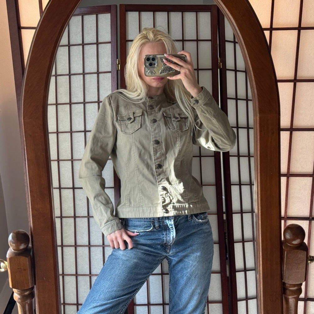 dressbarn Olive Button-Front Jean Jacket